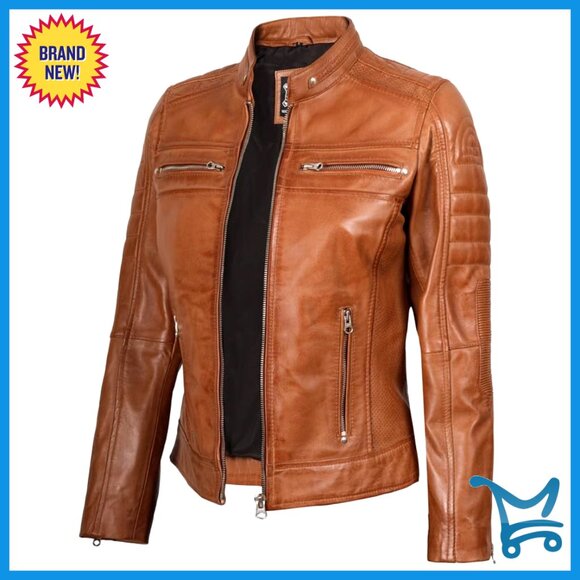 Lambskin Leather Cafe Racer Jacket Stand Collar Zipper Cuffs Pockets